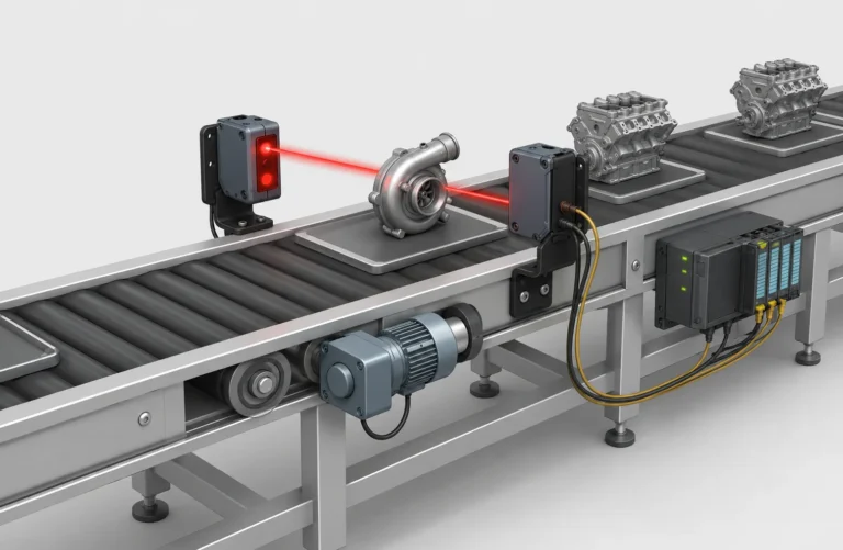 ตัวอย่างการใช้งาน Through-beam Photoelectric Sensor บนสายพานลำเลียง