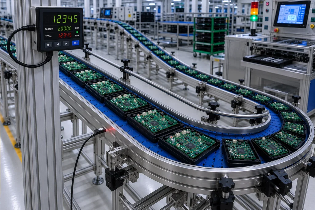 Photoelectric Sensor สำหรับนับจำนวนชิ้นส่วนอิเล็กทรอนิกส์บน Conveyor
