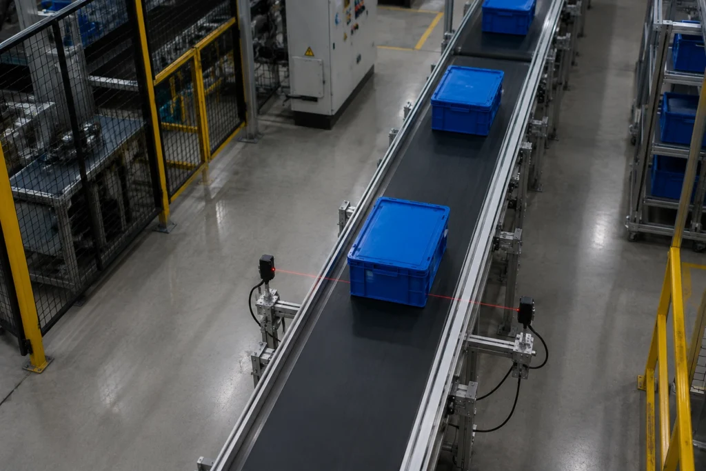 Photoelectric Sensor ตรวจจับกล่องพลาสติกบนสายพาน Conveyor
