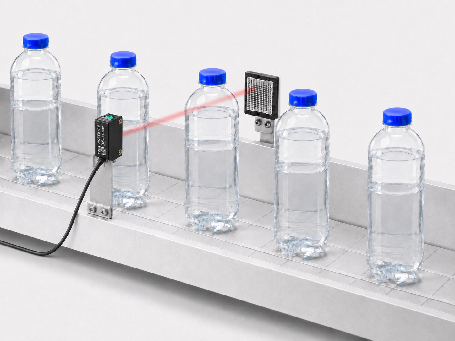 TRANSPARENT OBJECT DETECTION PV-RS20N PHOTOELETRIC SENSOR โฟโต้เซ็นเซอร์ PV-RS20 ตรวจจับขวดพลาสติกใสบนสายพานร่วมกับแผ่นสะท้อน
